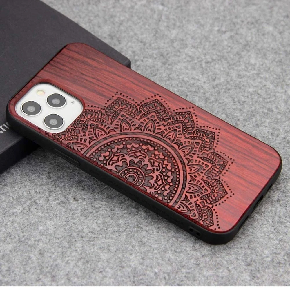 Wood Engraved Case Slim Protective Cover Bumper Case for Apple iPhone 12/12 Pro - Picture 6 of 11